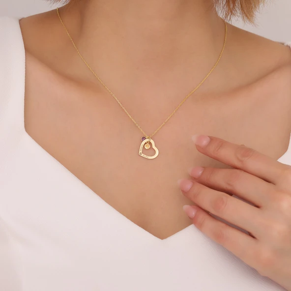 925 Ayar Gümüş İki İsimli ve Taşlı Kalp Kolye - Resim 3