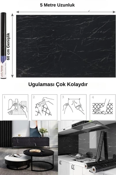 5 Metre Siyah Mermer Desenli Yapışkanlı Kaplama Kağıdı Mutfak Tezgah Raf Masa Dolap Folyo Sticker - 4