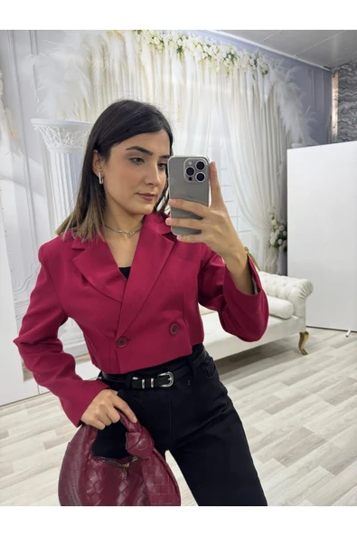 Kruvaze Yaka Crop Bordo Blazer Ceket - 2