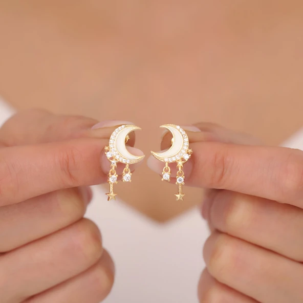 925 Ayar Gümüş Mineli Hilal Sallantılı Yıldız Küpe - Resim 2