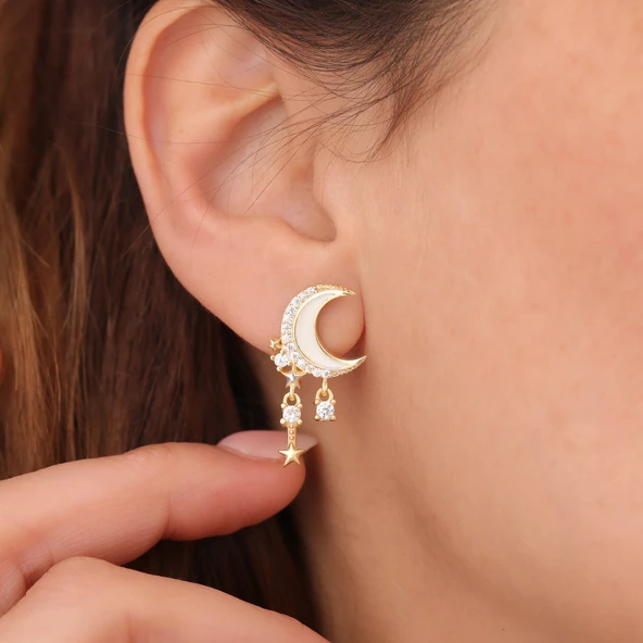 925 Ayar Gümüş Mineli Hilal Sallantılı Yıldız Küpe ürün görseli