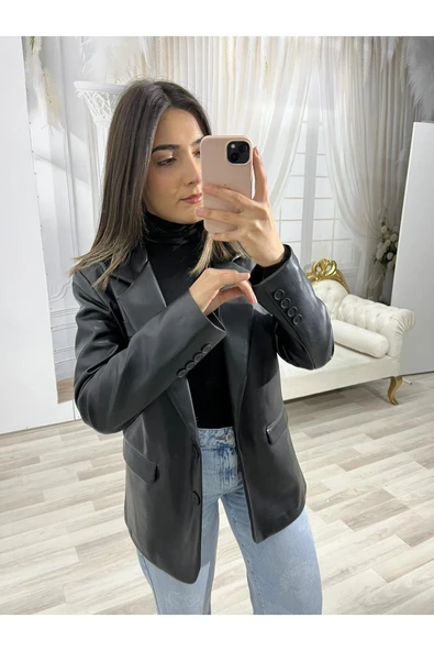 SİYAH DERİ BLAZER CEKET - 2