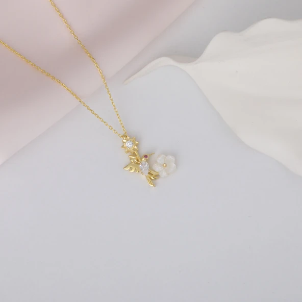 925 Ayar Gümüş Arı Kuşu Sedef Çiçekli Kolye - Resim 3