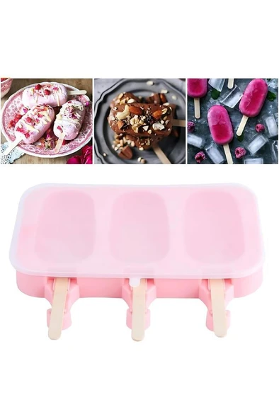 3 Boşluk Silikon Dondurma Kalıbı Evde Puding Yapma Kabı 50 Adet Ahşap Magnum Çubuğu Hediye Mini Boy - 8