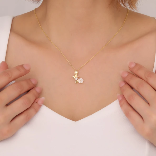 925 Ayar Gümüş Arı Kuşu Sedef Çiçekli Kolye - Resim 2