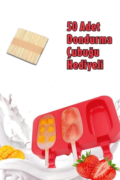 3 Boşluk Silikon Dondurma Kalıbı Evde Puding Yapma Kabı 50 Adet Ahşap Magnum Çubuğu Hediye Mini Boy - 2