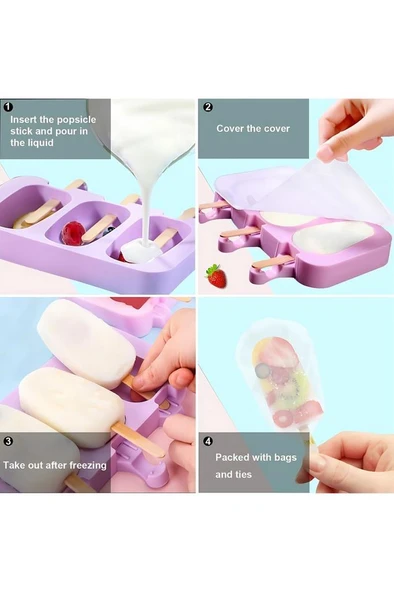 3 Boşluk Silikon Dondurma Kalıbı Evde Puding Yapma Kabı 50 Adet Ahşap Magnum Çubuğu Hediye Mini Boy - 6