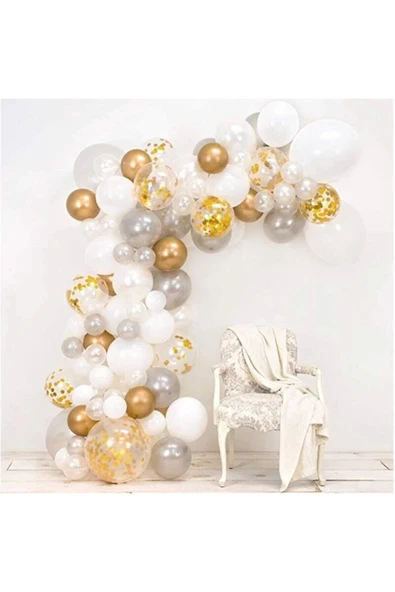 Beyaz Gümüş Krom Gold Konfetili Balon Zincir Seti ürün görseli