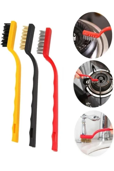 3 lü Bakır Plastik Çelik Tel Fırçası Seti Derz Lavabo Mutfak Buji Yağ Kir Temizleyici Fırça - 2