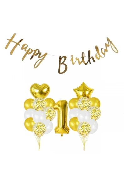 1 Yaş Gold Happy Bırthday Balon Seti ürün görseli