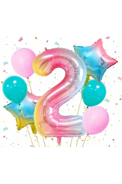 Gökkuşağı Rengarenk 2 Yaş Balon Set Yıldız Balon Folyo Set Konsept Doğum Günü Set Yaş Balon Set