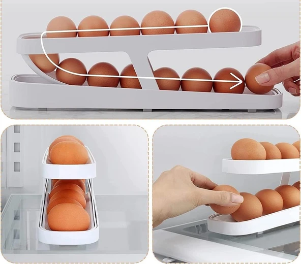 2 Katlı Otomatik Buzdolabı Yumurta Dağıtıcı Kutu Yumurtalık Rafı Sepeti Saklama Kabı - 4