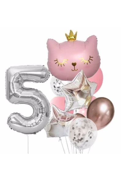 Pembe Kedi 5 Yaş Balon Set Yıldız Balon Folyo Set Pembe Kedi Konsept Doğum Günü Set Yaş Balon Set