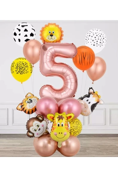 Safari Pembe Hayvanlar 5 Yaş Balon Set Safari Konsept Doğum Günü Set Yaş Balon Set