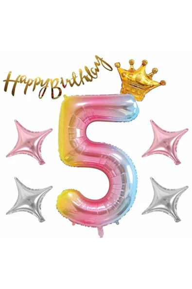 Happy Birthday Rengarenk 5 Yaş Balon Set Yıldız Balon Folyo Set Konsept Doğum Günü Set Yaş Balon Set