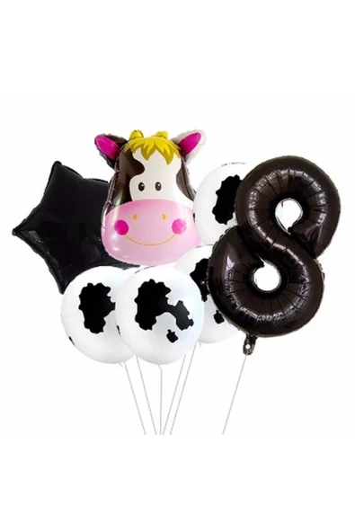 Safari Inek 8 Yaş Balon Set Yıldız Balon Folyo Set Safari Inek Konsept Doğum Günü Set Yaş Balon Set