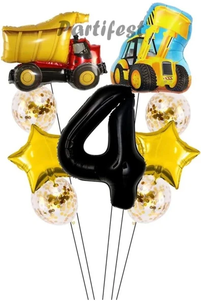 Kamyon Dozer Kepçe Inşaat 4 Yaş Balon Set Yıldız Balon Set Kamyon Inşaat Konsept Doğum Günü Set