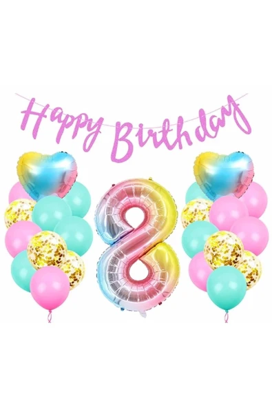 Happy Birthday Rengarenk 8 Yaş Balon Set Yıldız Balon Folyo Set Konsept Doğum Günü Set Yaş Balon Set