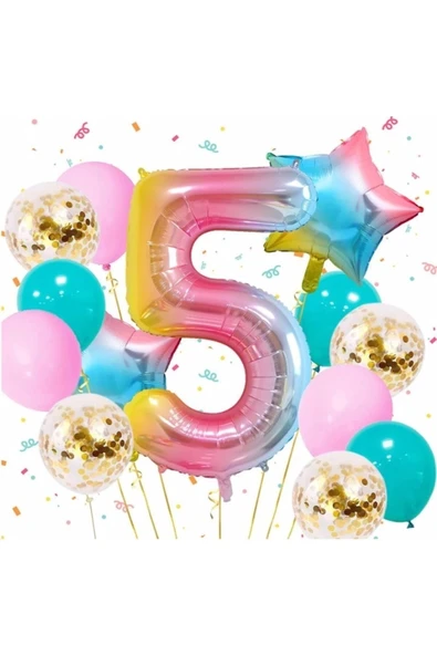 Gökkuşağı Rengarenk 5 Yaş Balon Set Yıldız Balon Folyo Set Konsept Doğum Günü Set Yaş Balon Set