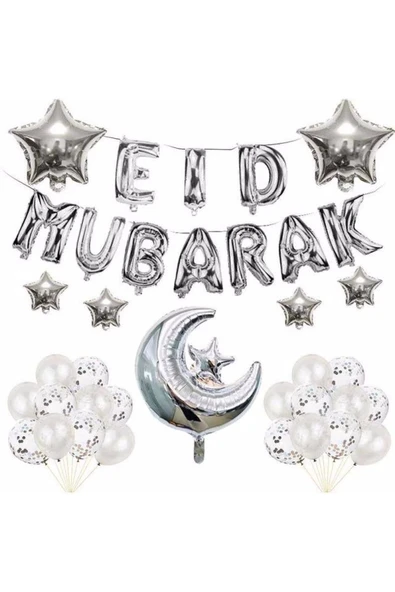 Gümüş Eid Mubarak Balon Set Ramazan Balon Seti ürün görseli
