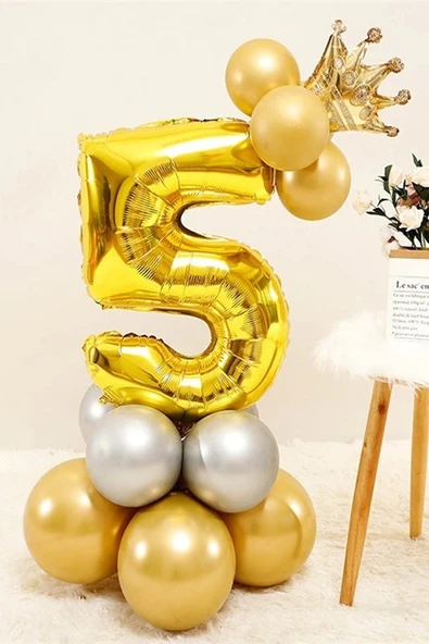 Gold Renk 5 Yaş Krom Gold Gümüş Renkler Altın Taçlı Balon Seti