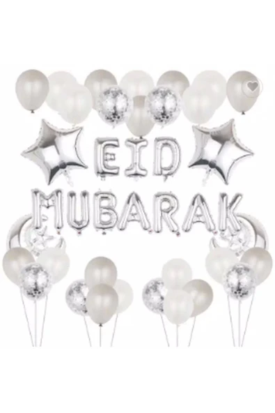 Gümüş Eid Mubarak Balon Set Ramazan Balon Seti ürün görseli