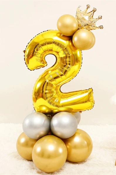 Rakam Balon Karşılama Seti 2 Yaş Rakam Balon Altın Kral Taçlı 2 Rakamlı Balon ürün görseli