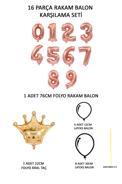 Rakam Balon Karşılama Seti 8 Yaş Rose Gold Rakam Balon Altın Kral Taçlı 8 Rakamlı Balon - Resim 2