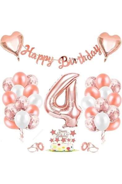Rose Gold 4 Yaş Folyo Balon Seti Ve Happy Birthday Banner Rosegold Doğum Günü Parti Seti ürün görseli