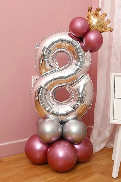 8 Yaş Krom Pembe-gümüş Renkler Altın Taçlı Balon Seti ürün görseli