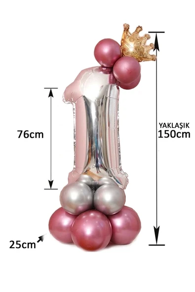 Rakam Balon Karşılama Seti 5 Yaş Parlak Rose Gold Gümüş Renkler Altın Taçlı 5 Rakamlı Balon - Resim 3