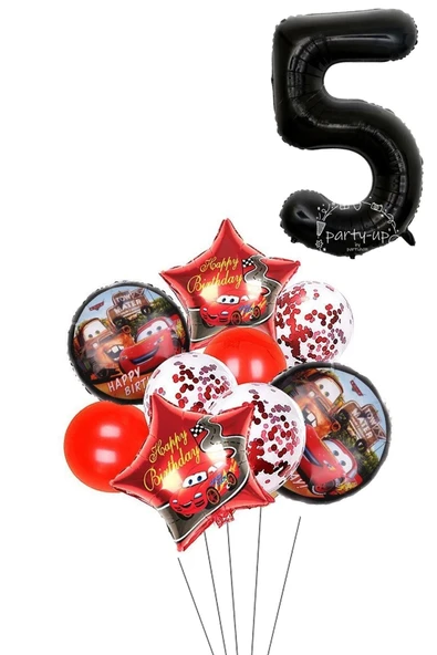 5 Yaş Siyah Rakam Balonlu Şimşek Mcqueen Balon Seti Arabalar (cars) Konfetili Şeffaf Balon