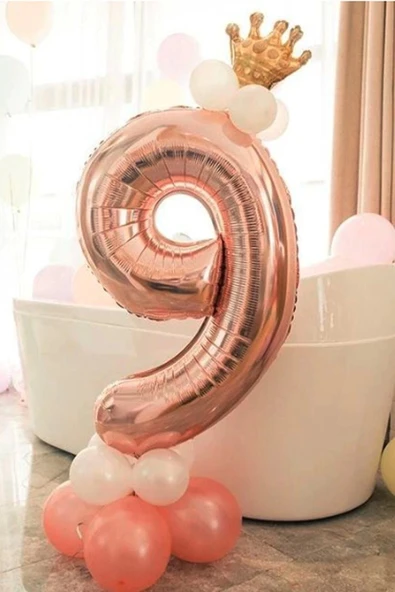 Rakam Balon Karşılama Seti 9 Yaş Rose Gold Rakam Balon Altın Kral Taçlı 9 Rakamlı Balon ürün görseli