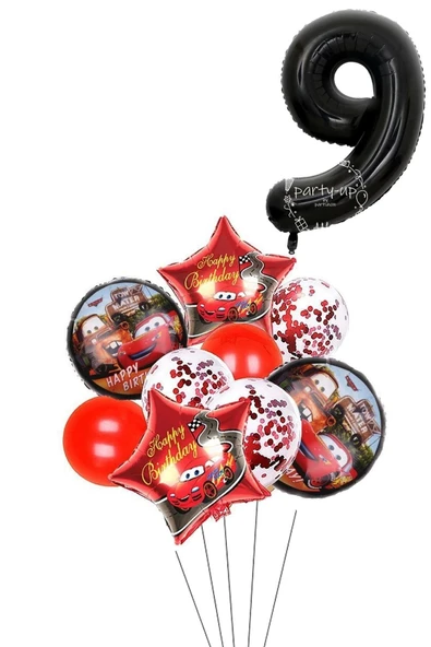 9 Yaş Siyah Rakam Balonlu Şimşek Mcqueen Balon Seti Arabalar Konfetili Şeffaf Balon ürün görseli
