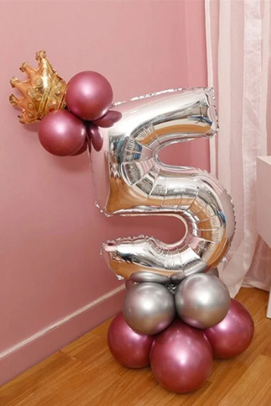 Rakam Balon Karşılama Seti 5 Yaş Parlak Rose Gold Gümüş Renkler Altın Taçlı 5 Rakamlı Balon ürün görseli