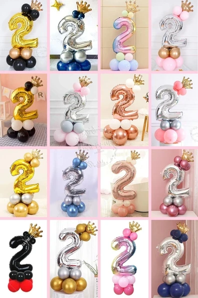 Rakam Balon Karşılama Seti 2 Yaş Rakam Balon Altın Kral Taçlı 2 Rakamlı Balon - Resim 4