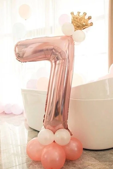 7 Yaş Rose Gold Rakam Balon Altın Kral Taçlı Balon Seti