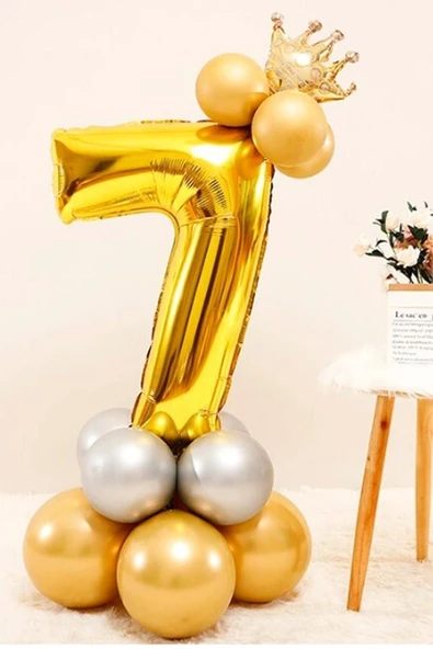 Gold Renk 7 Yaş Krom Gold Gümüş Renkler Altın Taçlı Balon Seti ürün görseli