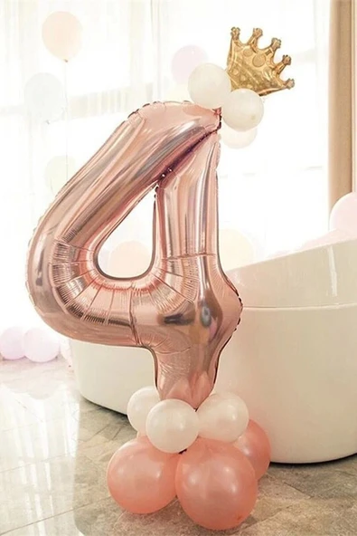 4 Yaş Rose Gold Rakam Balon Altın Kral Taçlı Balon Seti