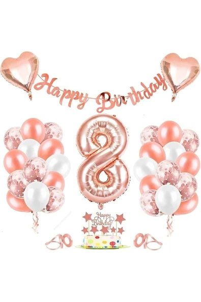Rose Gold 8 Yaş Folyo Balon Seti Ve Happy Birthday Banner Rosegold Doğum Günü Parti Seti ürün görseli