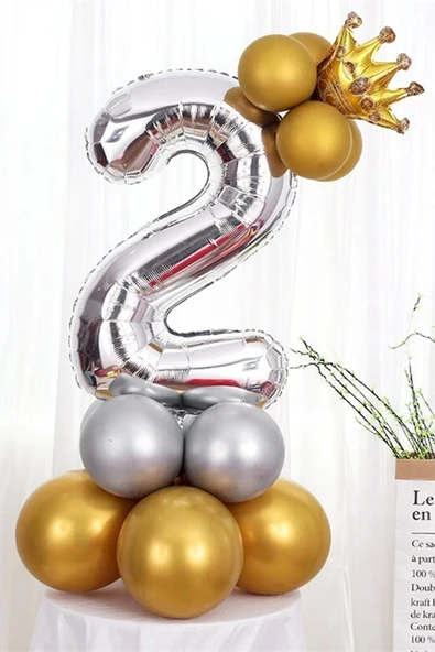 Gümüş Renk 2 Yaş Krom Gold-gümüş Renkler Altın Taçlı Balon Seti ürün görseli