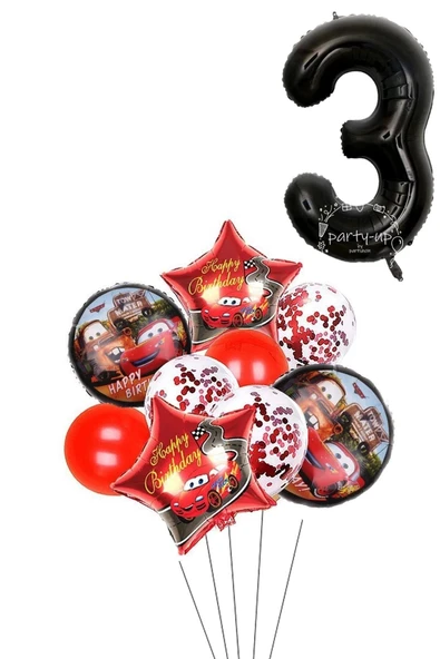 3 Yaş Siyah Rakam Balonlu Şimşek Mcqueen Balon Seti Arabalar (cars) Konfetili Şeffaf Balon ürün görseli