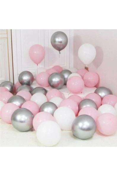 30 Adet Metalik Gümüş-Pembe-Beyaz Balon, Helyumla Uçan Balon ürün görseli