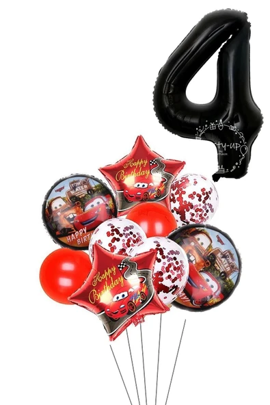 4 Yaş Siyah Rakam Balonlu Şimşek Mcqueen Balon Seti Arabalar (cars) Konfetili Şeffaf Balon