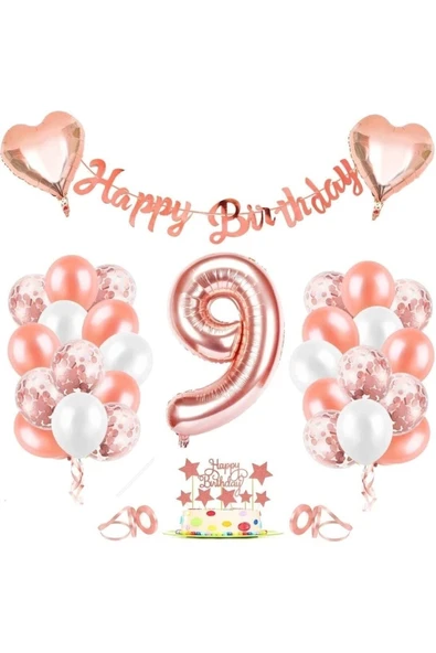 Rose Gold 9 Yaş Folyo Balon Seti Ve Happy Birthday Banner Rose Gold Doğum Günü Balon Parti Seti ürün görseli