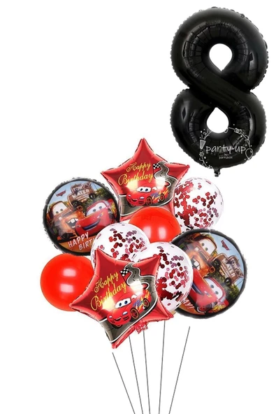 8 Yaş Siyah Rakam Balonlu Şimşek Mcqueen Balon Seti Arabalar (cars) Konfetili Şeffaf Balon ürün görseli