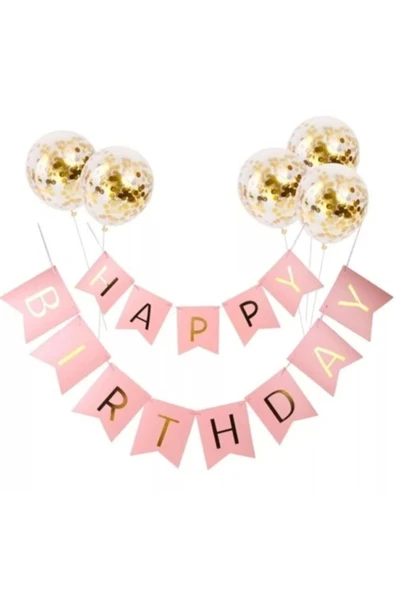 Happy Bırthday Pembe Varaklı Banner Yazı Konfetili Şeffaf Balon Seti ürün görseli