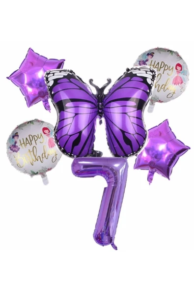 Mor Kelebek Mor Renk 7 Yaş Rakam Balon Set Doğum Günü Parti Mor Renk Helyum Balon Mor Rakam Balon