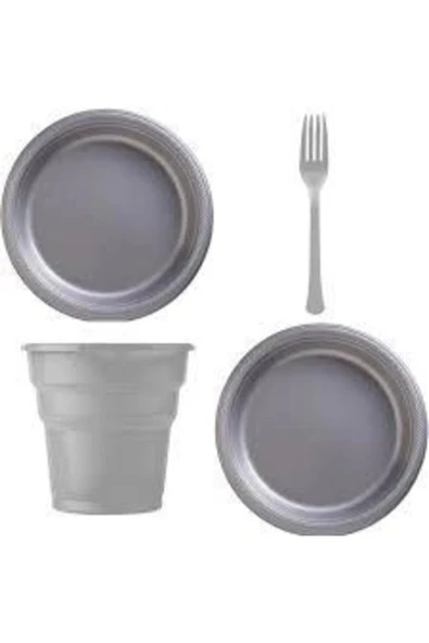Gümüş Renk Plastik Tabak Bardak Çatal Seti - Lüx Plastik 25 Kişilik Doğum Günü Set ürün görseli