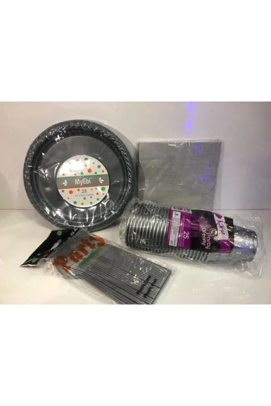 Plastik Kullan At Doğum Günü Tabak Bardak Çatal Peçete(gri) ürün görseli